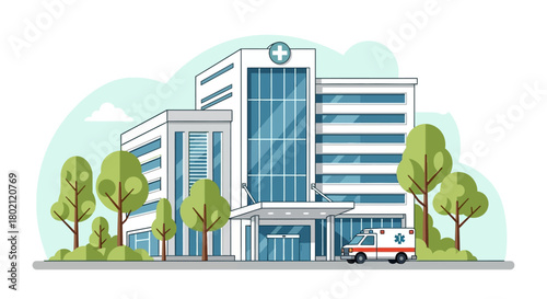 Modern hospital building with an ambulance parked at the entrance, surrounded by trees and green landscape, representing healthcare and medical services