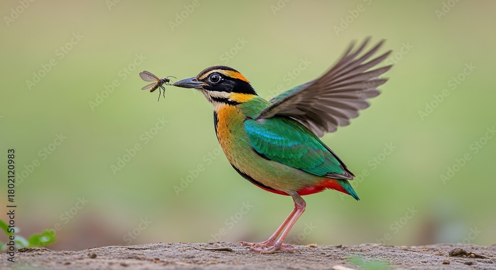 Fototapeta premium Hooded Pitta hopping toward a bright insect, emerald plumage glowing, fine art tonality