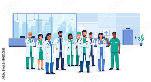 Diverse team medical professionals, including doctors and nurses, pose confidently in modern hospital lobby, symbolizing comprehensive healthcare services and expertise