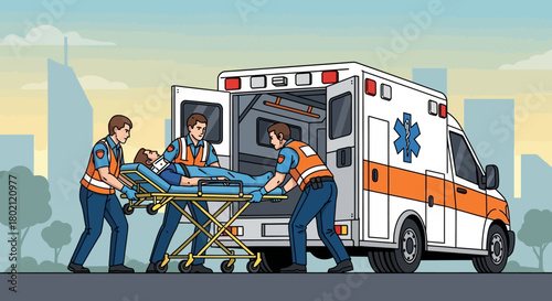 Paramedics carefully load patient onto stretcher and into an ambulance, symbolizing emergency medical services and urgent healthcare response in an urban setting