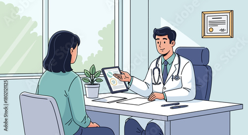 Male doctor is shown explaining medical chart on tablet to female patient during consultation in bright, modern clinic office
