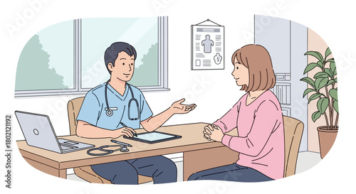 Male doctor in scrubs and female patient in pink sweater are sitting at desk in doctors office, discussing something on tablet, with laptop and medical chart on the desk, and plant in the