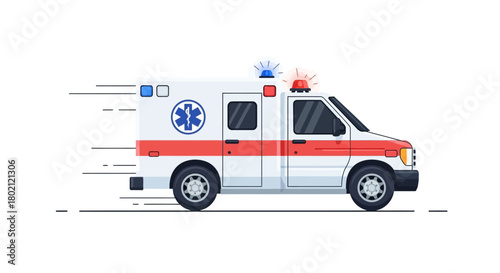 Side view speeding ambulance with flashing lights, symbolizing urgent medical transport and emergency response services on the road