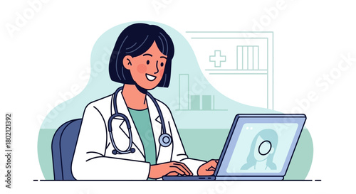 Female doctor wearing coat and stethoscope, smiling and typing on laptop, with medical chart in the, representing telemedicine, online consultation, and modern healthcare