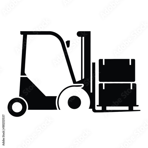 Black forklift truck carrying boxes isolated on white background, a symbol of industrial efficiency and logistics