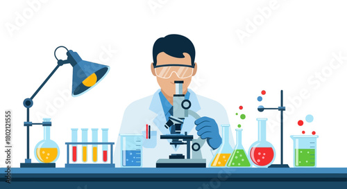 Scientist in lab coat wearing safety glasses and looking through microscope with various lab equipment, isolated on