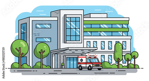 Modern hospital building with an ambulance parked at the entrance, symbolizing healthcare services and medical emergency response