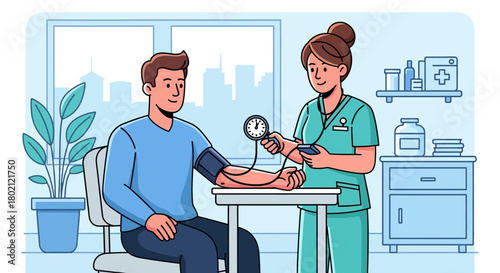 Nurse measures patients blood pressure in medical examination room, highlighting routine health check and patient care