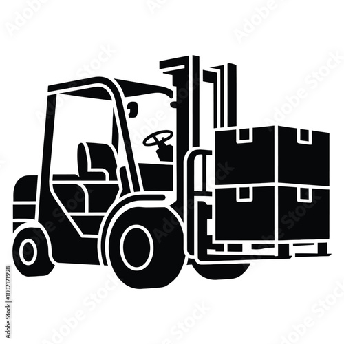 Black forklift truck carrying boxes isolated on white background, a symbol of industrial efficiency and logistics Flat Design