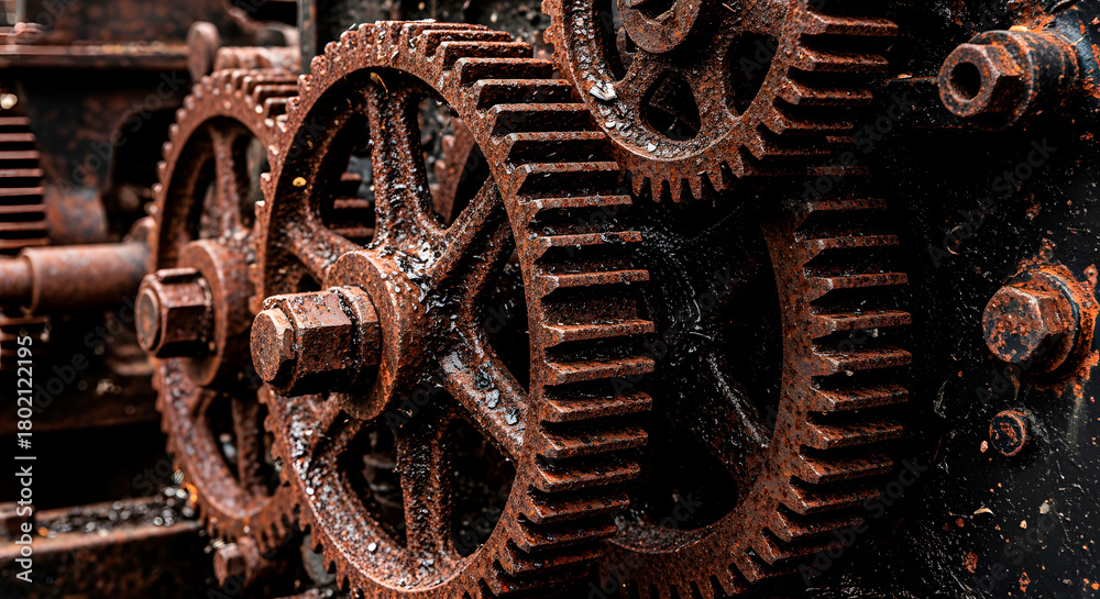 Fototapeta premium Closeup of rusty, weathered gears and cogs in a mechanical system, showing intricate details of decay and industrial history
