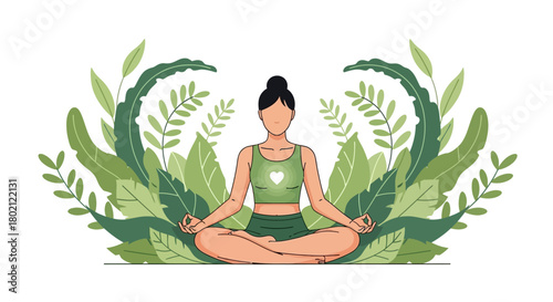 Woman meditating in lotus position surrounded by lush green leaves, promoting wellness and tranquility
