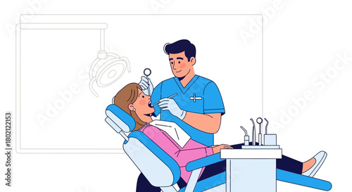 Dentist examining patients teeth in dental chair, performing routine checkup and oral hygiene care