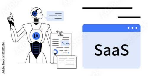 AI robot reviewing analytical data, delivering insights via charts and documents near SaaS browser interface. Ideal for AI, SaaS, data analysis, automation, tech innovation, business tools, simple