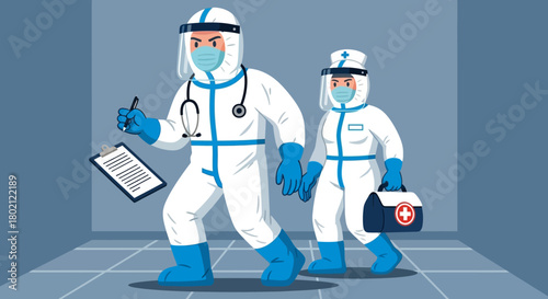 Two healthcare professionals in full protective suits, masks, and face shields, carrying medical equipment, symbolizing their dedication during health crisis