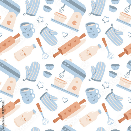 Seamless Baking Pattern with Mixers and Kitchen Tools. Charming flat vector seamless pattern featuring stand mixers, rolling pins, whisks, oven mitts, milk bottles, and cups in soft pastel tones.