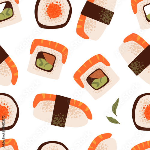 Seamless Sushi Pattern with Rolls and Nigiri. Flat vector seamless pattern of assorted sushi pieces including nigiri, maki rolls, and seaweed wraps on a white background with garnish.