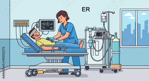 Nurse attends to patient lying on gurney in an emergency room, monitoring vital signs on screen and adjusting equipment, depicting critical care and immediate medical attention