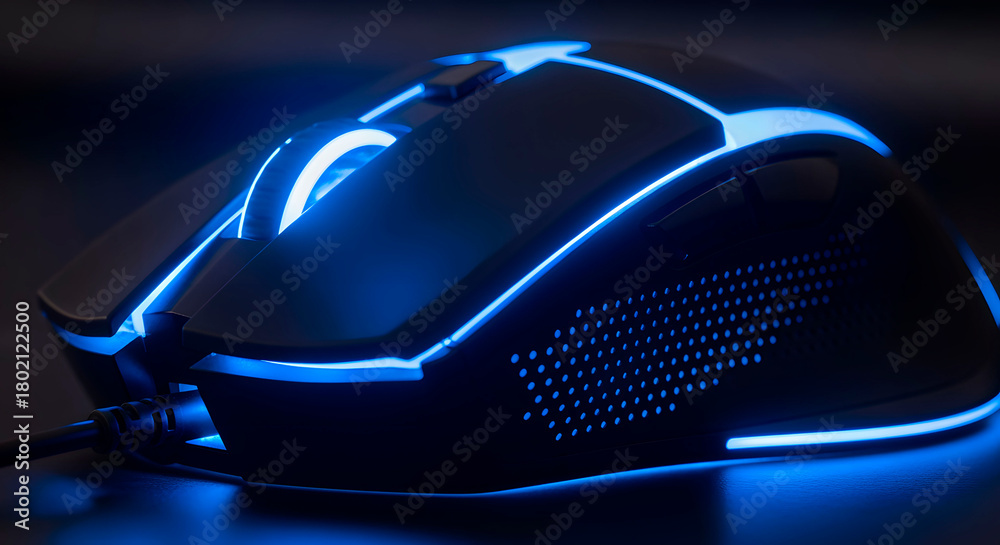 Fototapeta premium Closeup of a futuristic gaming mouse with vibrant blue led lighting, highlighting its ergonomic design and advanced features for optimal performance in digital environments