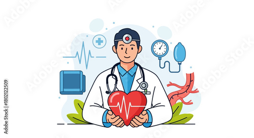 Male doctor in coat and stethoscope holds red heart with heartbeat ekg line, surrounded by medical icons like blood pressure monitor and pulse