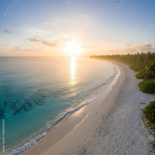 A breathtaking ultra-realistic photograph capturing the first sunrise of 2026 on Millennium Island, Kiribati — the earliest place on Earth to welcome the new year. The warm golden sun rises over the c