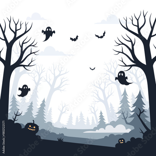 Spooky Forest Halloween Landscape with Ghosts and Bats
