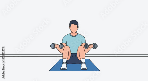 Man performing dumbbell curls while sitting on yoga mat, focusing on arm and bicep workout for strength training and fitness, isolated on