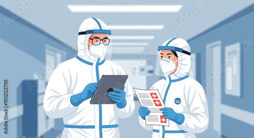 Two medical professionals in full protective suits and face masks, one holding tablet and the other document, standing in hospital corridor, discussing medical information during pandemic
