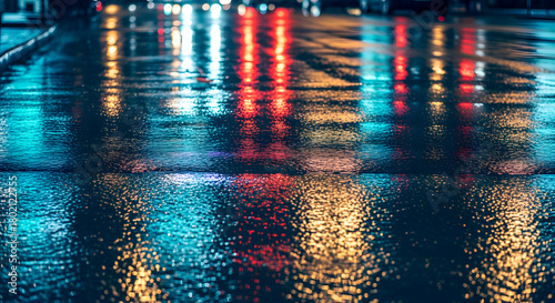 Abstract reflections of colorful city lights on a wet asphalt street at night, creating a vibrant and moody urban atmosphere