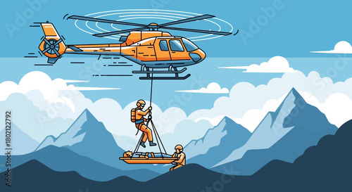 Helicopter rescue operation in mountains with rescuer suspended and stretcher being lowered