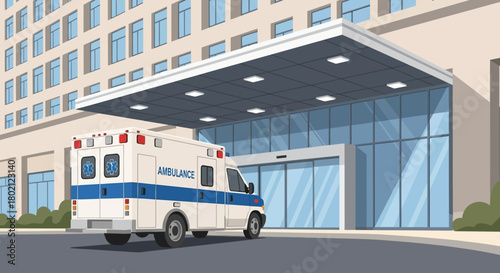 An ambulance parked in front modern hospital entrance with automatic glass doors, symbolizing medical transport and healthcare access