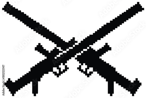 Two pixelated flintlock pistols are crossed in an old west retro style on white