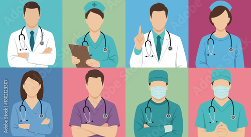 Diverse group medical professionals, including doctors and nurses, depicted in grid format, representing healthcare workers and the medical field