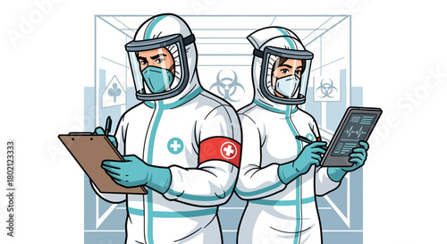 Two medical professionals in full protective hazmat suits, complete with face shields and masks, working in biohazard environment, possibly during pandemic or outbreak