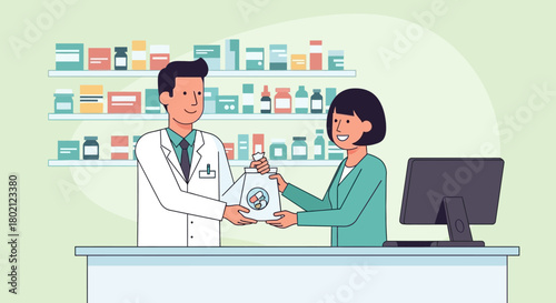 Friendly pharmacist handing prescription medication bag to customer at the counter in wellstocked pharmacy, illustrating pharmaceutical service and healthcare