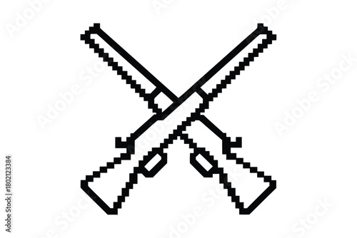 Two pixelated spears are shown crossed over each other with a white background