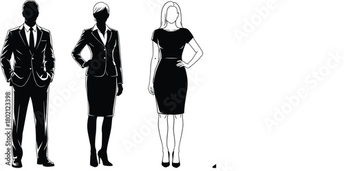 Flat vector business silhouettes, professional attire illustration, corporate diversity concept, standing pose, workplace fashion, career roles, office team graphic