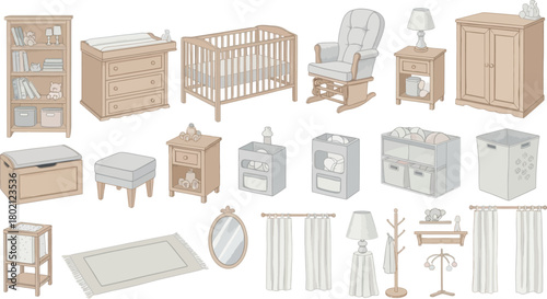 Collection of nursery furniture and accessories including crib changing table dresser wardrobe and rocking chair for baby room decor