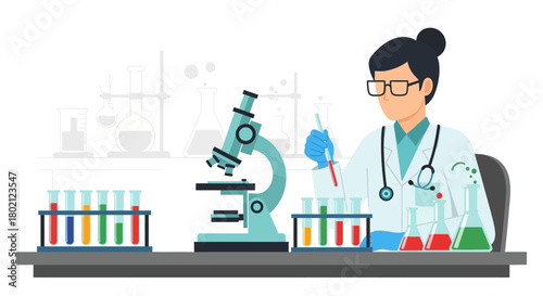 Scientist working in laboratory with microscope and test tubes containing colorful liquids, representing research and development in science and medicine