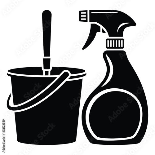 Illustration of a bucket with mop and spray bottle, essential cleaning tools isolated on white background