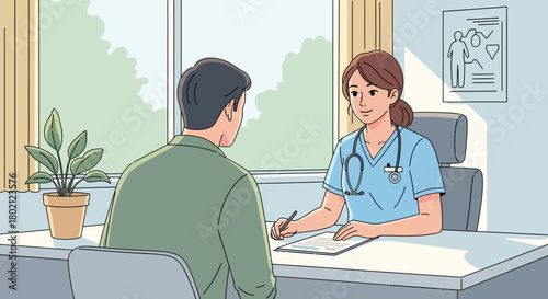 Doctor consulting with patient in doctors office, discussing medical records and treatment plan