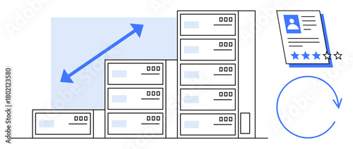 Server racks growing in size, upward arrow for data growth, performance review sheet with star rating, and rotating circular arrow for continuous improvement. Ideal for technology, analytics, data