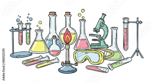 Colorful illustration of various laboratory equipment, including beakers, flasks, and a microscope, used for scientific experiments.
