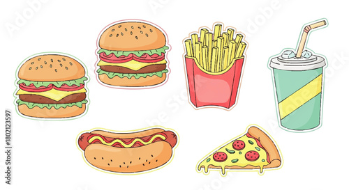Cartoon illustration featuring a burger, double burger, fries, soda, hotdog, and pizza slice, all arranged on a white background.