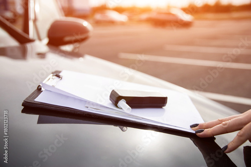 Obraz na plátně Female Hand Touches Clipboard With Alcohol Tester On Car