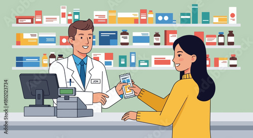 Pharmacist handing medication to customer at pharmacy counter, showing prescription fulfillment and healthcare service