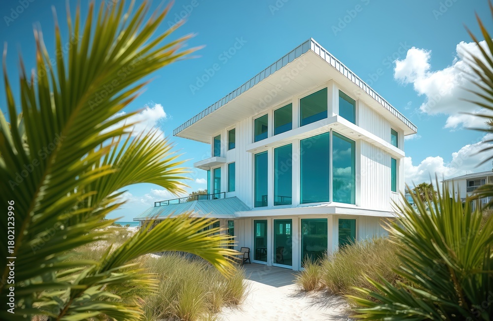 Obraz premium Modern white beach house with large blue windows sits near ocean. Tropical palm leaves frame sandy dune path leading to waterfront property. Sunny sky offers bright coastal view.