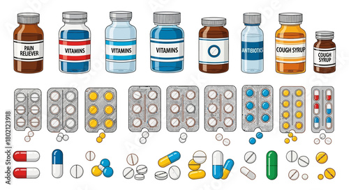 Collection various medicine bottles, blister packs, and pills, representing pharmaceutical products and healthcare