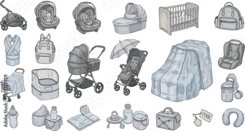 Collection of hand drawn illustrations of baby gear including strollers cribs carriers and feeding accessories on a white background
