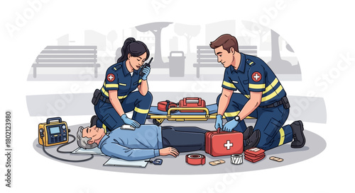 Paramedics performing cpr on patient lying on the ground outdoors, with medical equipment nearby, emphasizing emergency medical services