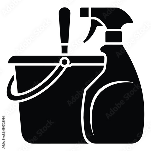 Illustration of a bucket with mop and spray bottle, essential cleaning tools isolated on white background Vector Art